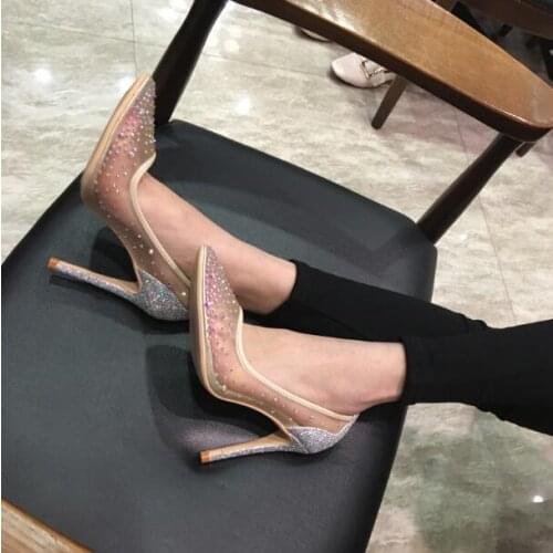 Ladies Cheap Pointed Toe Bling Bling Thin Heels Rhinestone Mesh Pumps Nude Black Lace Crystal Sequined High Heels Wedding Shoes