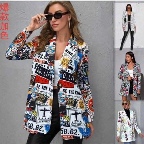 Vintage Print Women Blazer 2021 Autumn Winter Fashion Long Sleeve Office Ladies Suit Jackets Casual