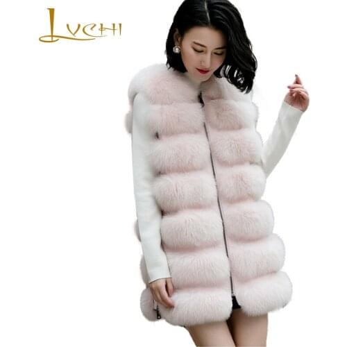 LVCHI Genuine Leather Winter Warm Natural Fox Fur Jacket O-Neck Patchwork Fur Coat Womens Wave Cut Medium Pink Fox Vest Coats