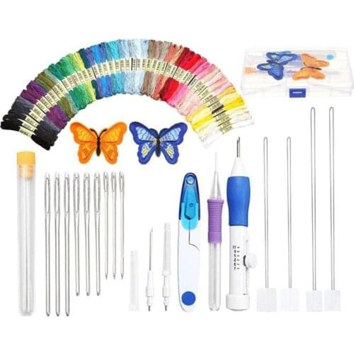 1set DIY Embroidery Pen Knitting Sewing Tool Kit Punch Needle Set W/50 Threads Plastic+steel Home Decoration Ornaments