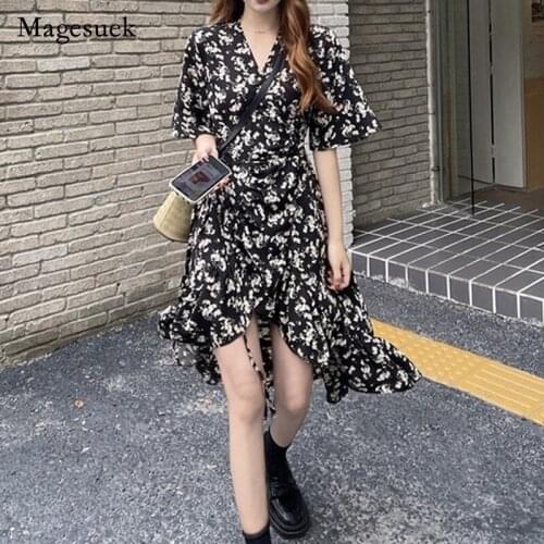 2021 New Plus Size Summer Dress Vintage Midi Long Dress Women Temperament V-neck Floral Print Dresses High Wasit Vestidos 14498