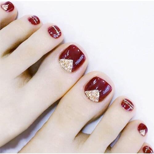 24pcs Wine Red Gold Toenail Patch Glue Type Removable Short Paragraph Fashion Manicure Save Time False Toenail Patch Art Tips
