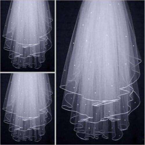 Cheap Velos de Noiva Three Layers Ribbon Edge Wedding Veil With Pearls White Ivory Short 3 Layers Bridal Vei