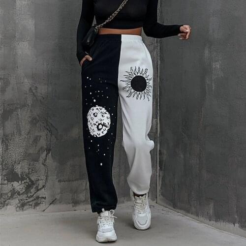Sun print black white casual pants capris Women streetwear loose summer trousers Plus size workout sports sweatpants female