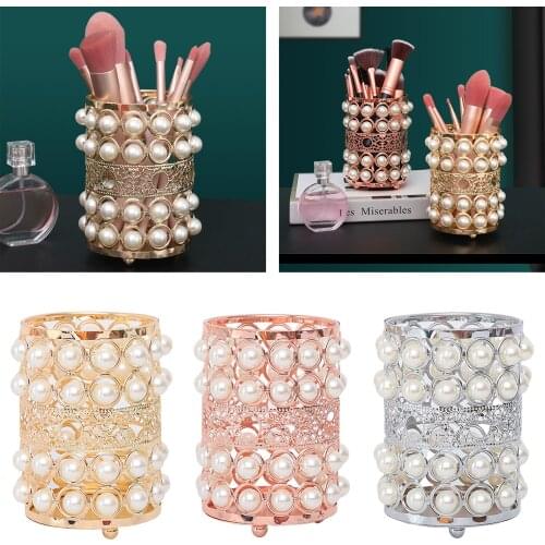 Crystal Pearl Makeup Brush Holder Desktop Eyebrow Pencil Storage Bucket Jewelry Cosmetic Organizer Pen Pot for Desk