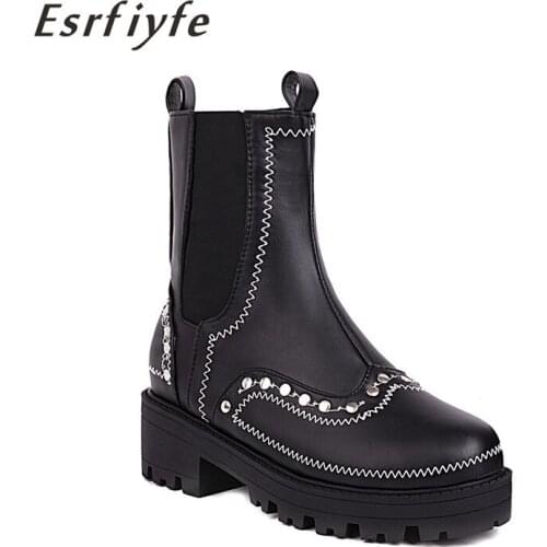 ESRFIYFE 2021 New Women Pu Leather Marten Boots Platforms Ankle Boots Fashion Woman Casual Chunky Hot Sale Zapatos Mujer Black