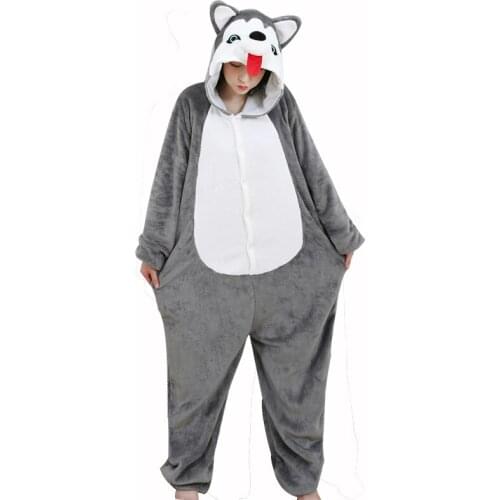Flannel Animal Pajamas Husky Dog Kigurumi Onesies For Adults Women Men Cartoon Cosplay Zipper Costume Girls One-Piece Pijamas