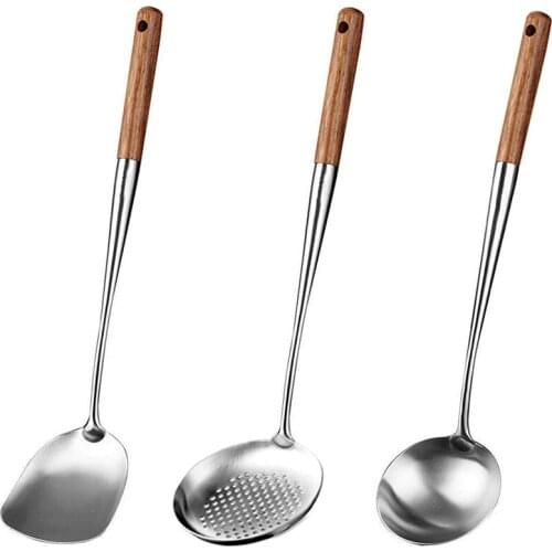Wok Spatula and Ladle,Skimmer Ladle Tool Set, 17Inches Spatula for Wok, 304 Stainless Steel Wok Spatula