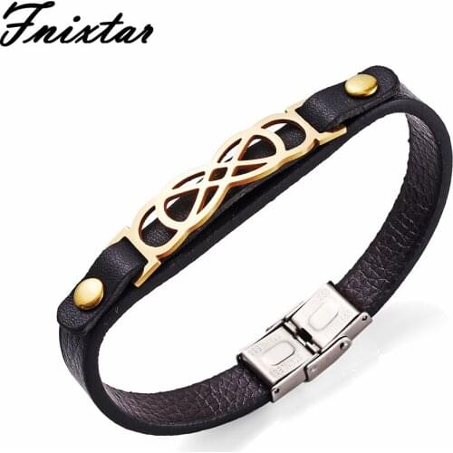 Fnixtar Fashion 8 Shape Charms Stainless Steel Bracelets & Bangles For Men 2018 Jewelry Genuine Leather Bracelets Men Wrist Gift