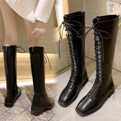 New Round Toe Thick Heel Boots Knee-length Womens Boots Retro Boots British Style Fashion Pump Zapatos De Mujer