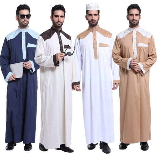 New Muslim Moroccan Long Sleeve Islamic Mens Splicing Solid Color Robe Arabic Kaftan Saudi Dubai clothing Men Worship Abaya