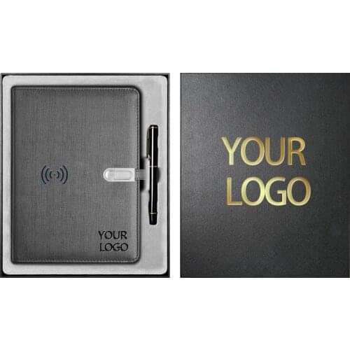 Customize Office Gift Set Multi-function Smart Notebook Wireless Charging Magnetic Closure Electronic Power Bank USB With Pen