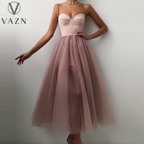 VAZN 2021 Top Quality Joker Sexy Club Solid Strapless Short Sleeve Solid Sweet Ball Gown Dress Womens Midi Dress