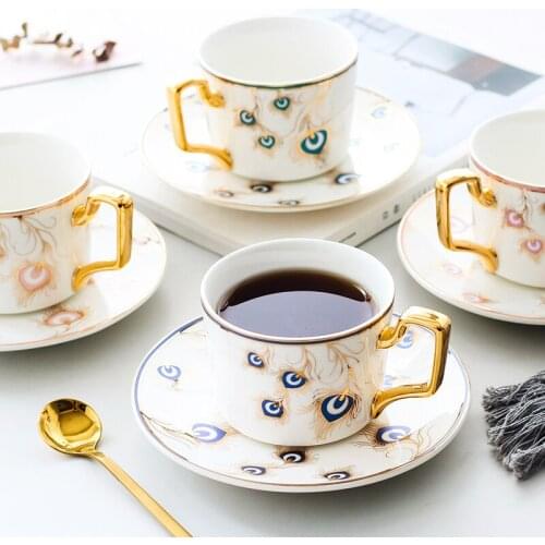 Simple coffee cup saucer set flower tea cup light luxury ceramic tea cup home afternoon tea cup with spoon gift box pack