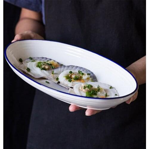 Fish plate household new steamed plate dumpling plate steamed fish plate rectangular plate sushi plate ceramic plate