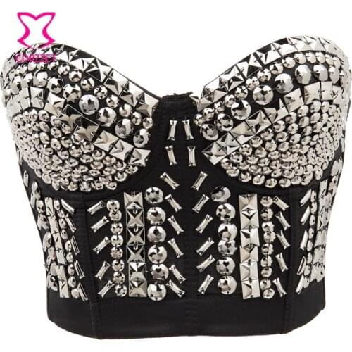 Silver Gems&Beading Rivet Slimming Skinny Punk Hiphop Sleeveless Strap Bustier Crop Top gothic Push Up Bralette Dance Clubwear