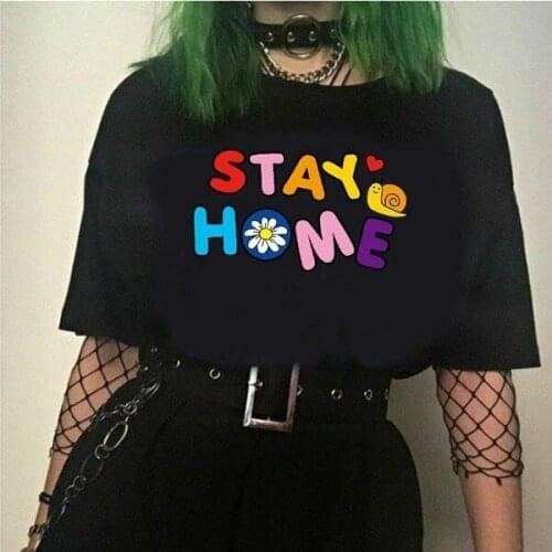 Sunfiz YF Stay Home Graphic Tee Casual Funny Kawaii Cute Aesthetics Female Tee Harajuku Hipster Korean Style Fashion Women Tee