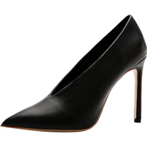 Carpaton Sexy Pointed Toe Woman High Heel Shoes Black Leather V-neck Thin Heels Pumps Office Lady Dress Heels Grey