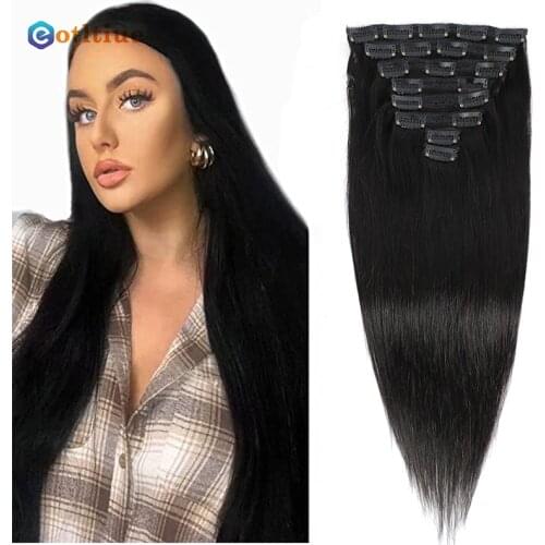 Eotltiue Clip In Hair Extensions Human Hair Remy Straight Hair Natural Black Color 8-24 Inches Supple and Silky Shipping Free