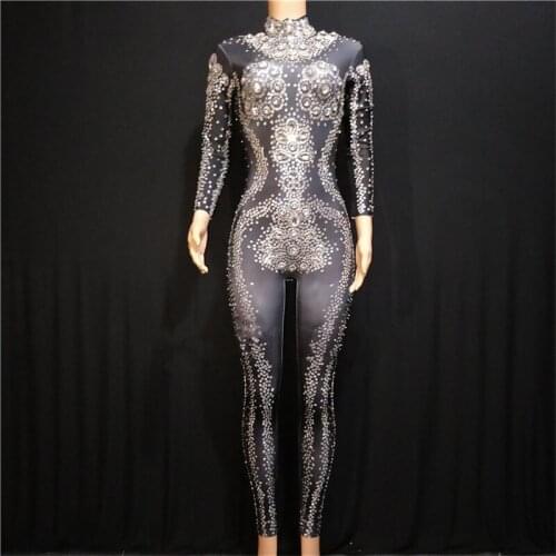 Y53 Female sexy black ehinestone bodysuit pole dance dress diamonds jumpsuit elastic outfits dance costumes stage wears singer