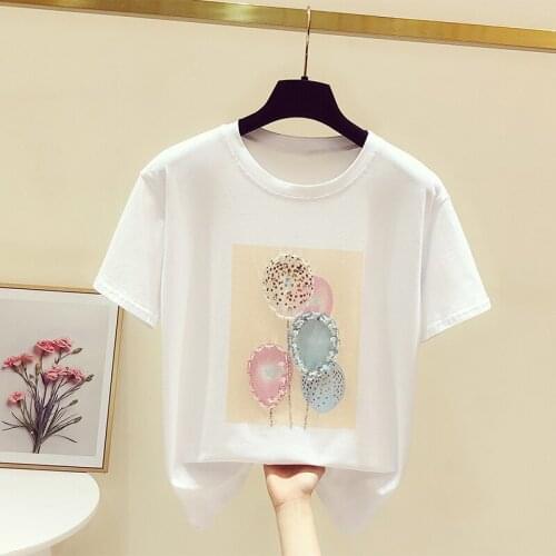 Sequined Beaded Women T-Shirts Summer New 2021 Short-Sleeved Casual All Match Female Pulls Tops Tees