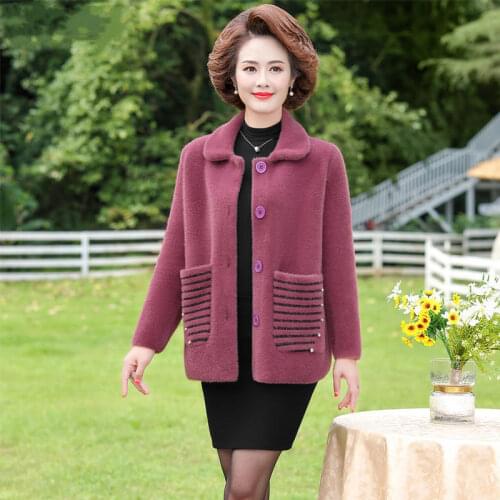 Women 2021 Autumn Winter Imitation Mink Velvet Jacket Female Elegant Loose Oversize Coat Ladies Mid-aged Warm Knit Cardigans C83