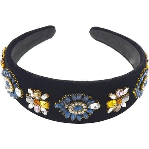 Wide Headband Luxury Baroque Retro Hair Band Vintage Flower Crystal Crown Tiara Black Queen Headwear Women Wedding Hair Jewelry