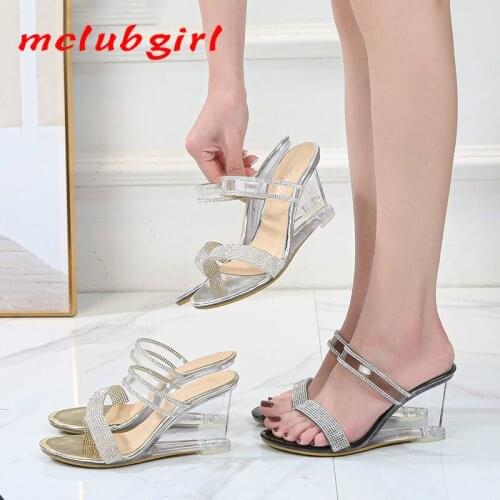 Mclubgirl Pearl Slope And Summer New Sexy Crystal Transparent High-heeled Shoes Glass Rhinestone Slope Heel Sandals Female LFD
