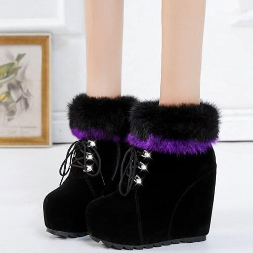 Lace Up Fluffy Fur Ankle Boots Women Super High Heels Wedges Snow Boots Winter Warm Plush Plaform Shoes Woman