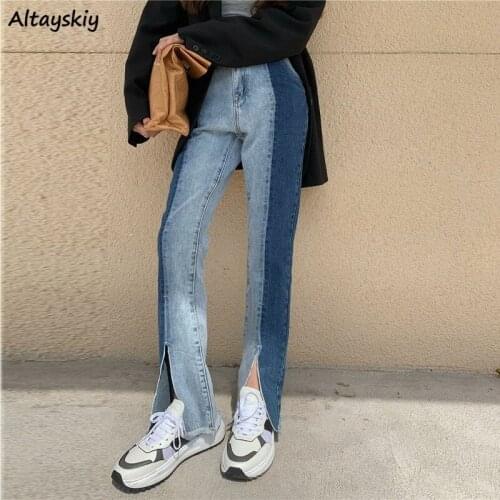Panelled Jeans Women Front-slit Fashion Korean Style Chic Trendy Popular Leisure Hipster Ulzzang All-match Spring Autumn Female