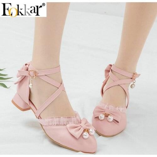 Eokkar 2019 Women Pumps Low Square Heel Lolita Shoes Bow Casual Women Shoes Criss Cross Strap Pumps Lace Cute Shoes Size 34-43