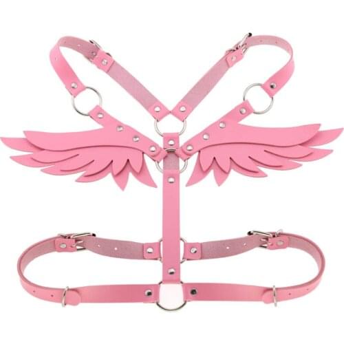 Pink Leather Lingerie Wings Angle Crop Tops Strap Sexy Metal Rivet Punk Goth Dance Costume Cosplay Women Body Cage Harness Bra