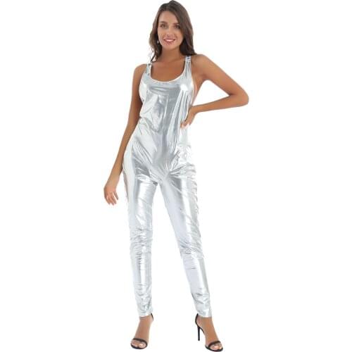 Women Patent Leather Sports Bodysuit Wet Look Sleeveless Backless Leotard Jumpsuit for Workout Fitness Running Gym Yoga Exercise