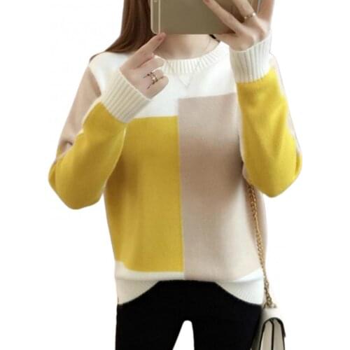 2021 Spring Autumn Women Sweater Color Block Jumper Long Sleeve Loose O Neck Slim-fit Warm Sweater Pullover Jumper