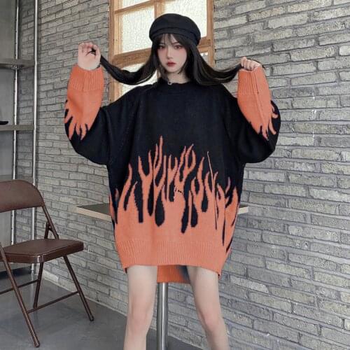 Women 2020 Winter Autumn Flame Color Matching O Neck Knitted Blue Female Pullover Tops Womens Sweater Loose Long Blue Orange