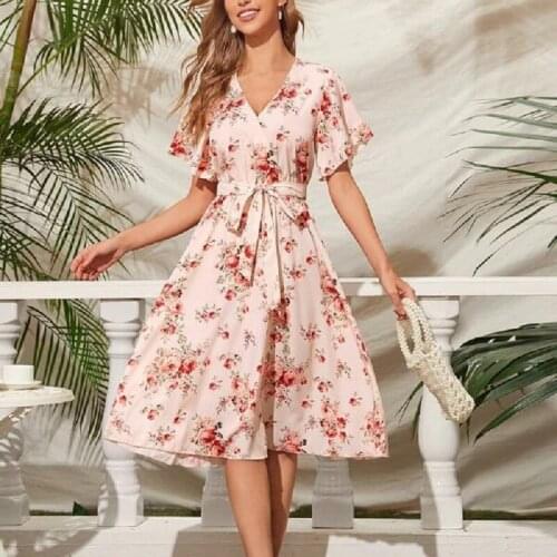Summer Floral Print Sexy Fashion V-neck Ladies Short-sleeved Dress Lace-up Elegant Temperament Party Long Dress -40
