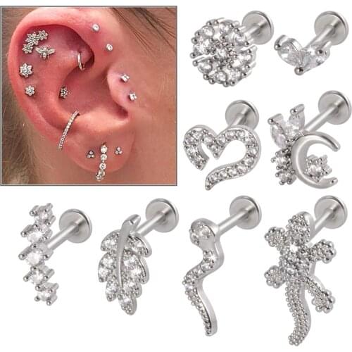 1Pc Leaf Heart Lip Labret Stud Piercing Flat CZ Gem Flower Ear Tragus Cartilage Helix Stud Conch Lobe Earring Body Jewelry