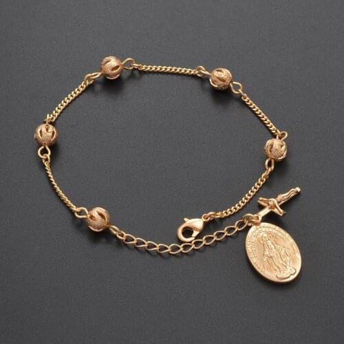 20CM Virgin Mary Cross Charm Bangles Bracelet for Women Girls Rose Gold Ball Bracelets Hand Chain Jewelry