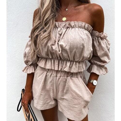 White Khaki Cotton Blends 2-Piece Sets Sexy Off Shoulder Crop Tops Shorts Outfits 2021 Summer Korean Fashion Office Lady Casual