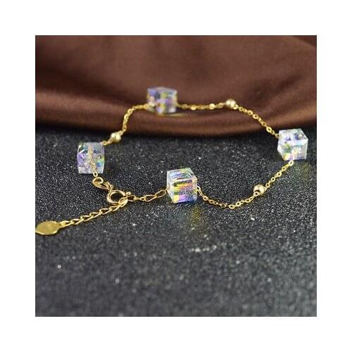 Real 18K Yellow Gold Bracelet For Women Girl Full Star Square Crystal Smooth Beads Chain 16-20cmL