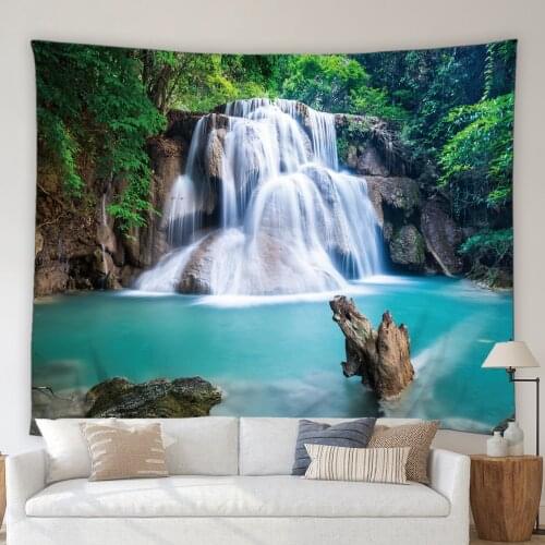 Landscape Tapestry Wall Hanging Waterfall Green Forest Tree Plants Leaves Rocks Stones Natural Scenery Bedroom Living Room Mural