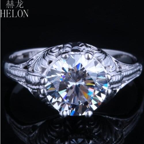 HELON 8mm Round Moissanite Ring Solid 14K White Gold Genuine Test Positive Moissanite Diamond Engagement Ring Vintage Jewelry