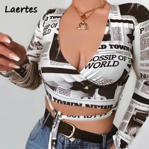 Leartes Sexy Crop Top Women Summer Deep V Neck Sexy Print Tie-up Long Sleeve T Shrit Patchwork Bandage Ladies Tank Tops Clothing
