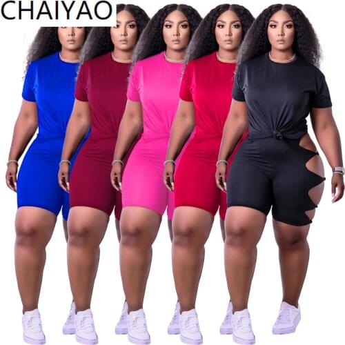 42H1665 Wholesale Items 3XL Plus Size Solid Skynny T Shirt and Short Pant Two Piece Set Women Slim Tracksuit Women Sport Outfits