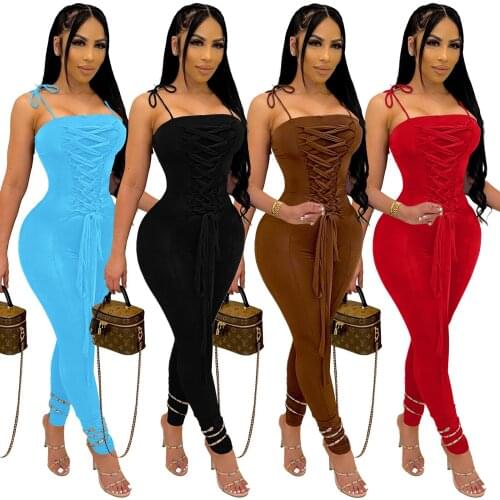 Sexy Lace Up Sling Corset Jumspuit Summer Woman Spaghetti Strap Solid Color Bodycon Club Party Holidays Outfits Plus Size S-XXL