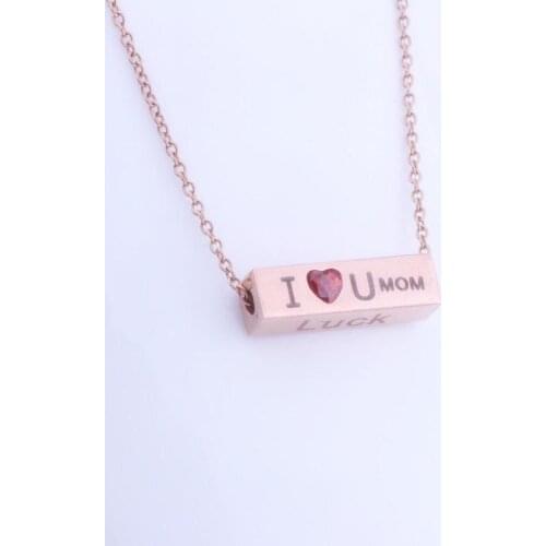 I Love Mom Ectangle Shape Hanging Pendant Necklace Setting Cubic Zirconia Link Chain Gold Color Necklace for Mothers Day