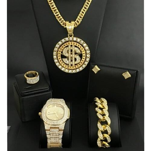 Luxury Men Gold Watch Hip Hop Watch &Necklace & Bracelet & Earrings & Ring Combo Set Ice Out Cuban Top Brand Dollar Sign Pendant