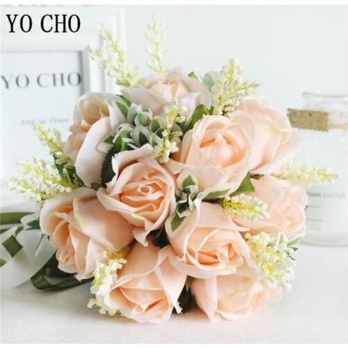 YO CHO Artificial Flower Bridal Bouquet Silk Roses Pink Artificial Flowers for Wedding Home Party Spring Decoration Fake Flowers