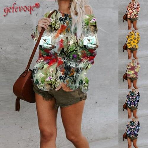 Autumn Fashion O Neck Plant Floral Print Womens Clothing 2021 Oblique Shoulder Loose Top Street Casual Long Sleeve Lady T-Shirt