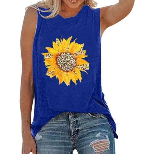 Women Fashion Casual Round Neck Short Sleeve Tank Tops Solid Color Personalized Sunflower Printing Daily All-match Lovely Shirt